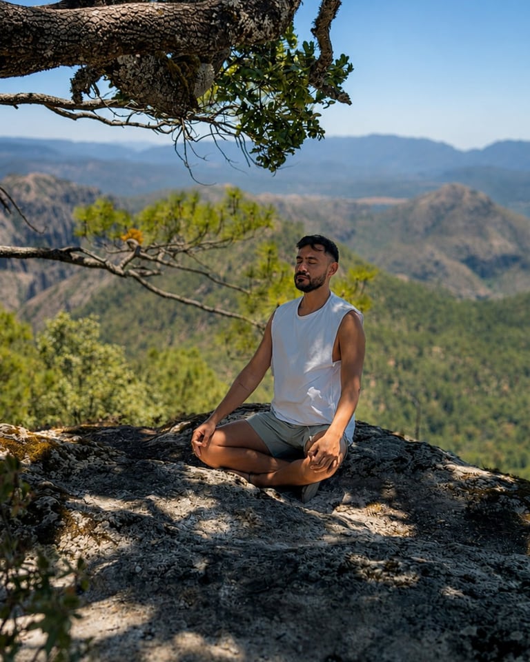 Hombre meditando en posición de loto sobre un saliente rocoso con vista a un valle montañoso forestado